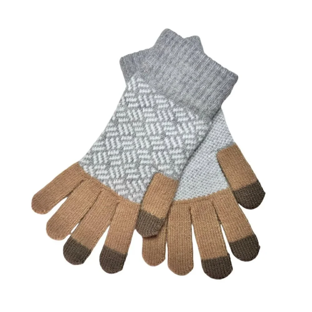 NEW Knit Winter Gloves Wool Blend Gray Tan Screentouch Friendly Sz. M